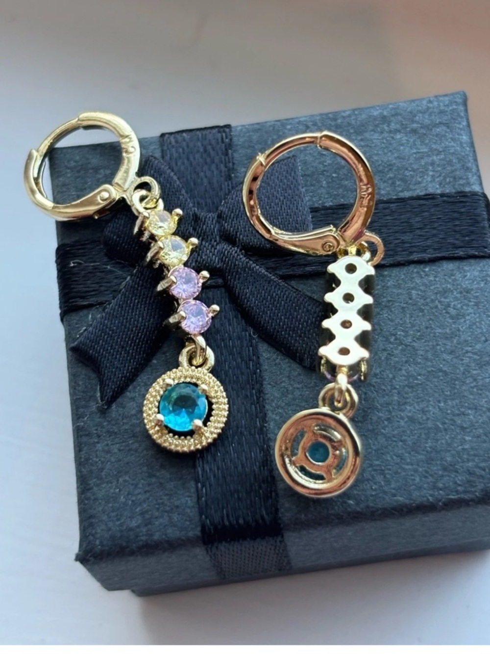 Gold Plated Multicolor Gemstone Drop Earrings Dainty Dangle Huggie Hoops Pastel - Picture 7 of 9